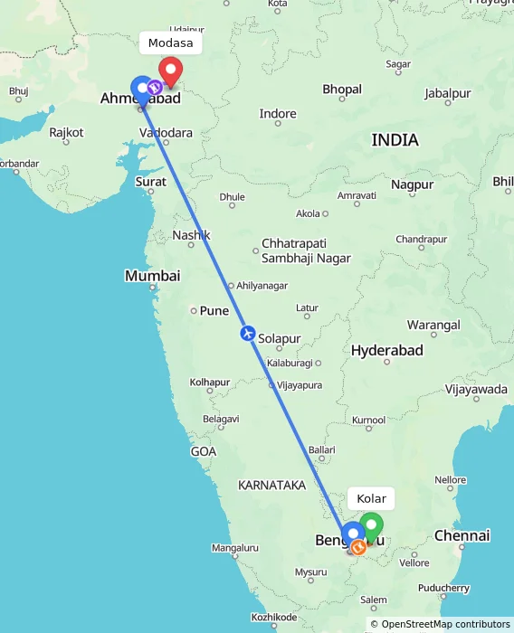 Route map showing distance and travel time from Kolar, India to Modasa, India
