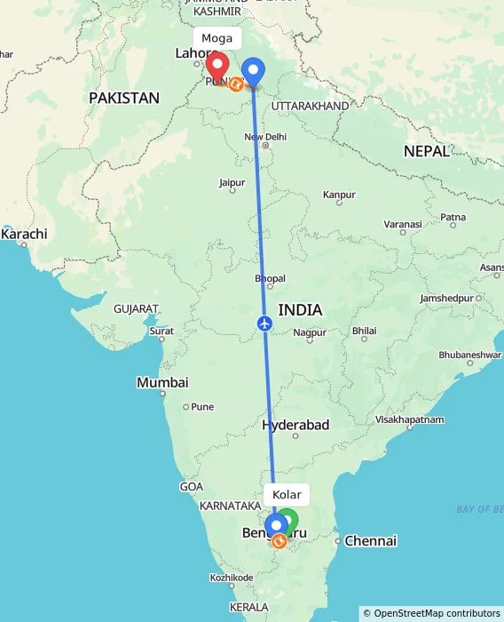 Route map showing distance and travel time from Kolar, India to Moga, India