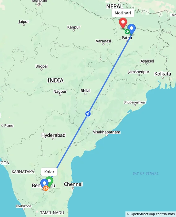 Route map showing distance and travel time from Kolar, India to Motihari, India