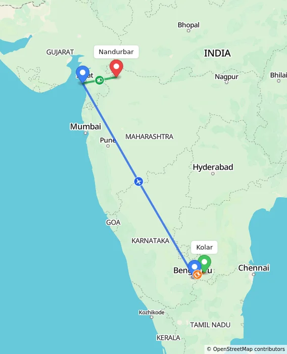 Route map showing distance and travel time from Kolar, India to Nandurbar, India
