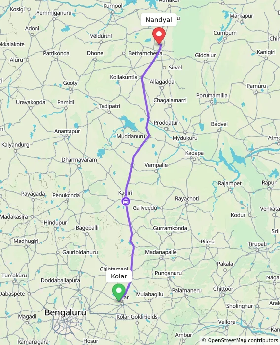 Route map showing distance and travel time from Kolar, India to Nandyal, India