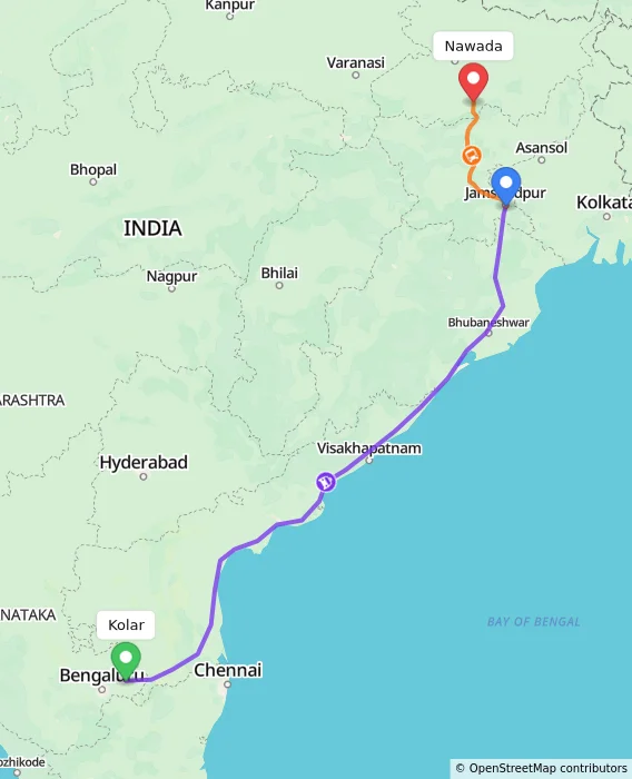 Route map showing distance and travel time from Kolar, India to Nawada, India