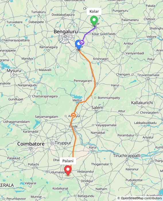Route map showing distance and travel time from Kolar, India to Palani, India