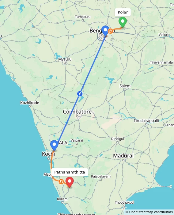 Route map showing distance and travel time from Kolar, India to Pathanamthitta, India
