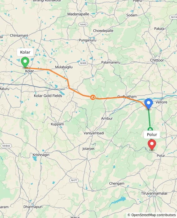 Route map showing distance and travel time from Kolar, India to Polur, India
