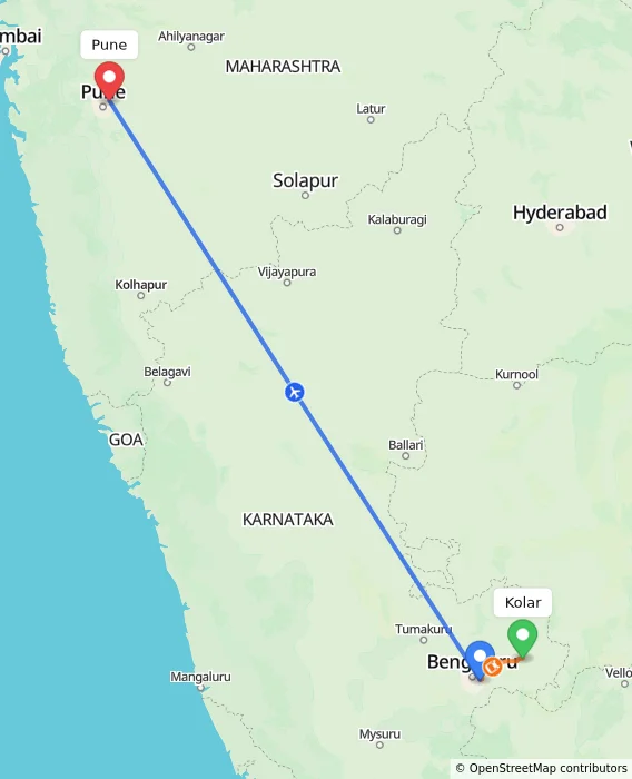 Route map showing distance and travel time from Kolar, India to Pune, India