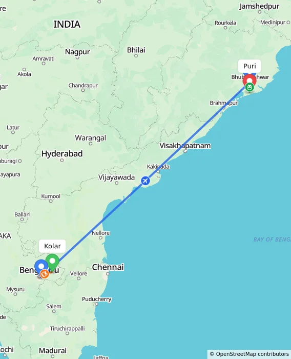 Route map showing distance and travel time from Kolar, India to Puri, India