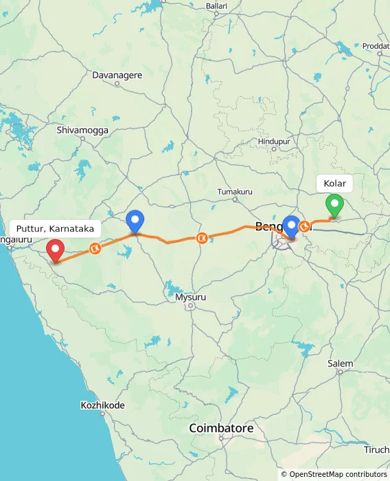 Route map showing distance and travel time from Kolar, India to Puttur, Karnataka, India