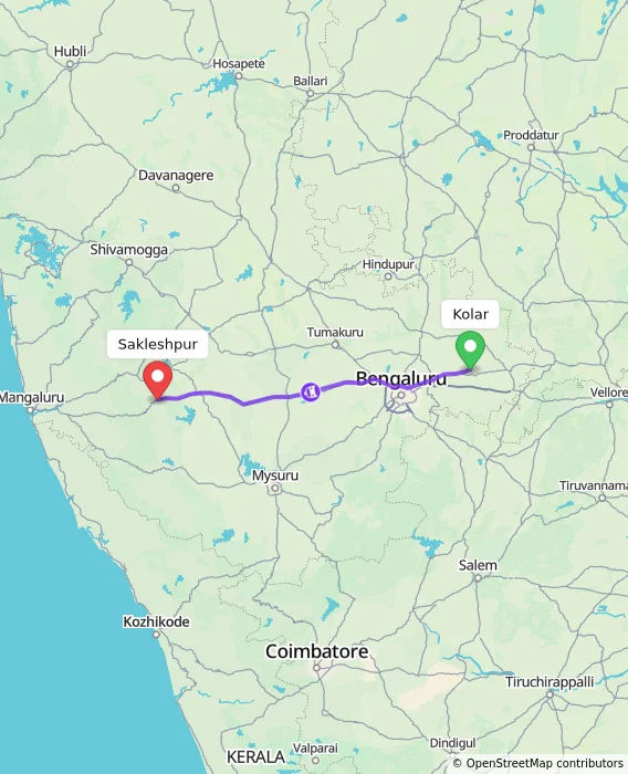Route map showing distance and travel time from Kolar, India to Sakleshpur, India