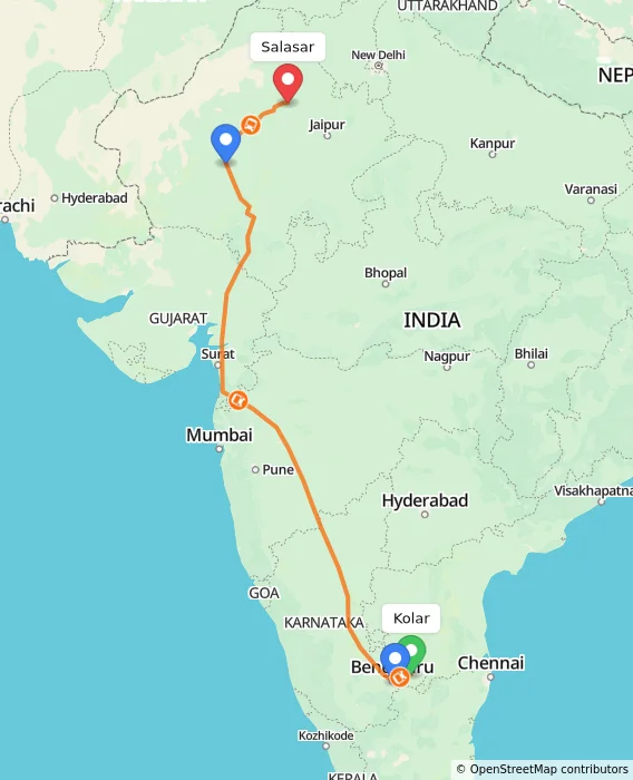 Route map showing distance and travel time from Kolar, India to Salasar, India