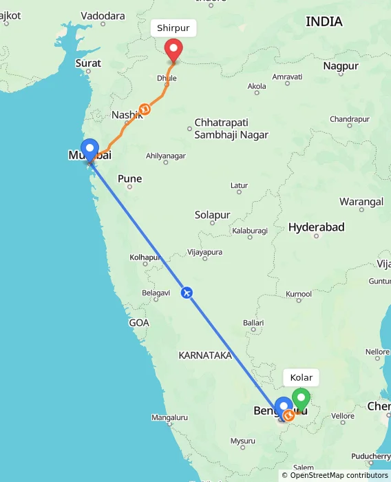 Route map showing distance and travel time from Kolar, India to Shirpur, India