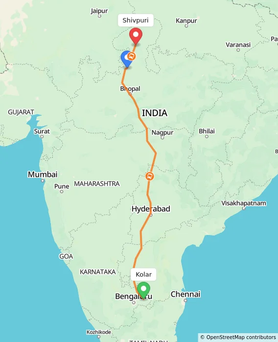 Route map showing distance and travel time from Kolar, India to Shivpuri, India