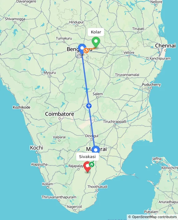 Route map showing distance and travel time from Kolar, India to Sivakasi, India