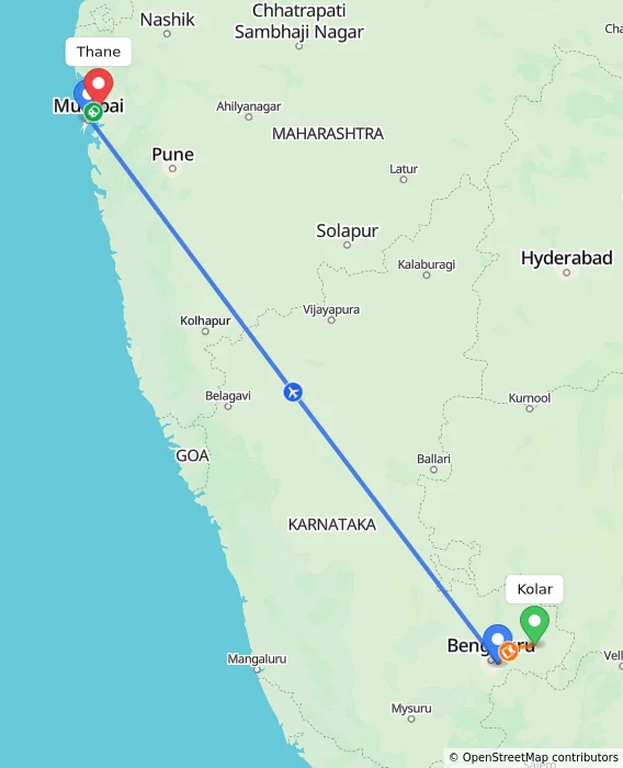 Route map showing distance and travel time from Kolar, India to Thane, India