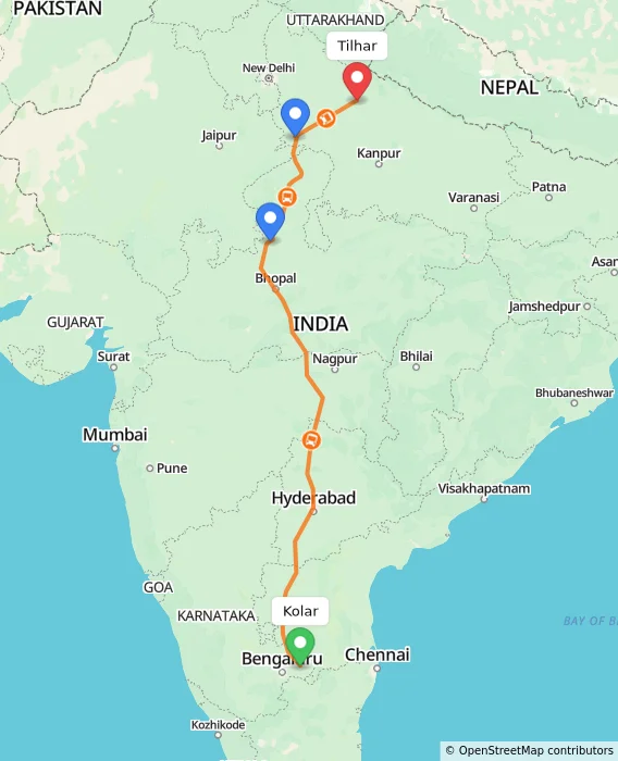 Route map showing distance and travel time from Kolar, India to Tilhar, India