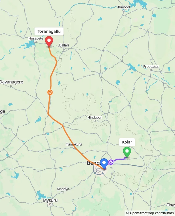 Route map showing distance and travel time from Kolar, India to Toranagallu, India