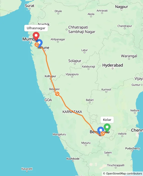 Route map showing distance and travel time from Kolar, India to Ulhasnagar, India