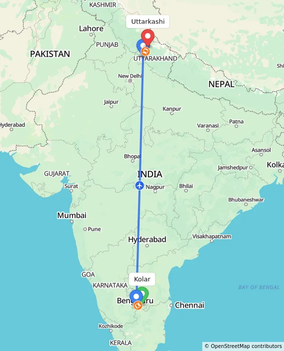 Route map showing distance and travel time from Kolar, India to Uttarkashi, India