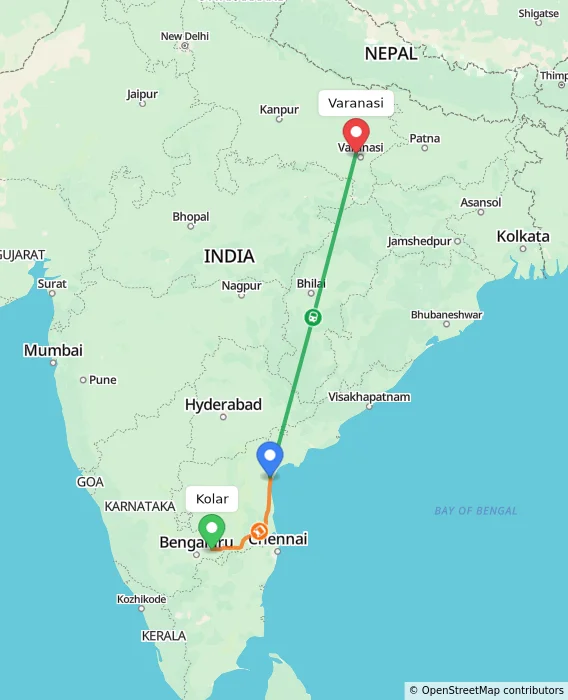 Route map showing distance and travel time from Kolar, India to Varanasi, India