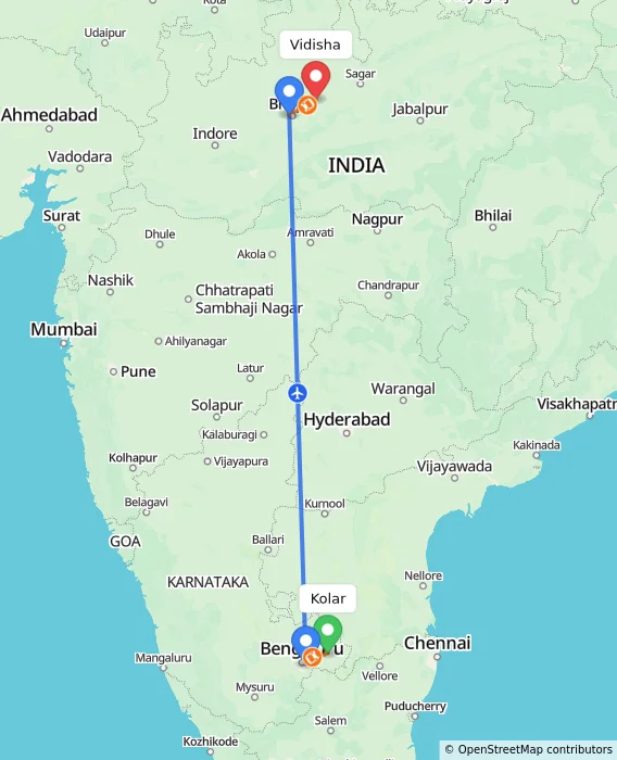 Route map showing distance and travel time from Kolar, India to Vidisha, India