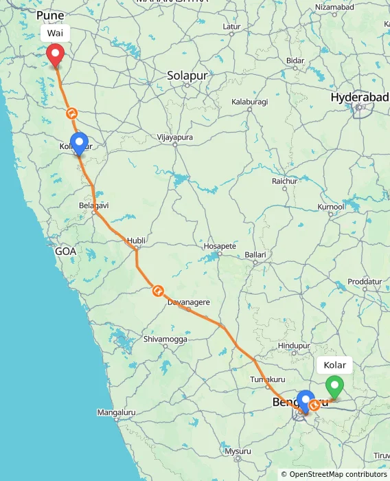 Route map showing distance and travel time from Kolar, India to Wai, India