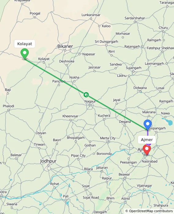 Route map showing distance and travel time from Kolayat, India to Ajmer, India
