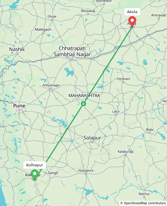 Route map showing distance and travel time from Kolhapur, India to Akola, India