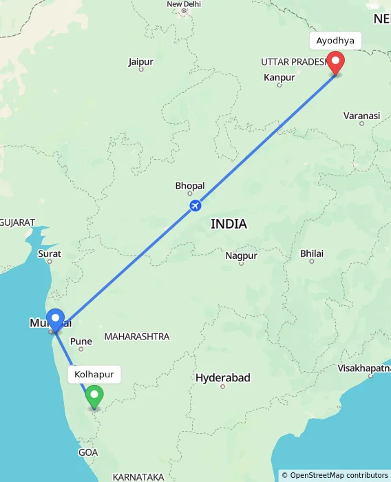 Route map showing distance and travel time from Kolhapur, India to Ayodhya, India