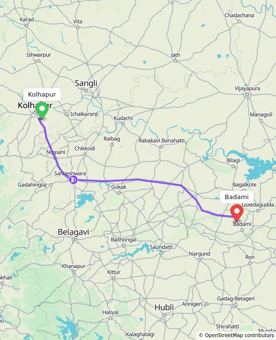 Route map showing distance and travel time from Kolhapur, India to Badami, India
