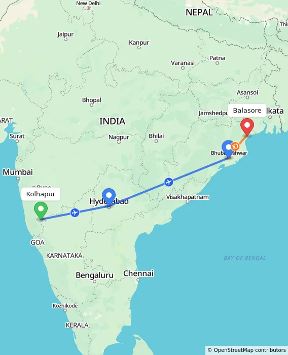 Route map showing distance and travel time from Kolhapur, India to Balasore, India