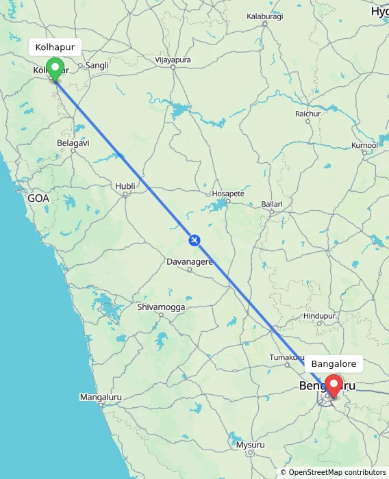 Route map showing distance and travel time from Kolhapur, India to Bangalore, India