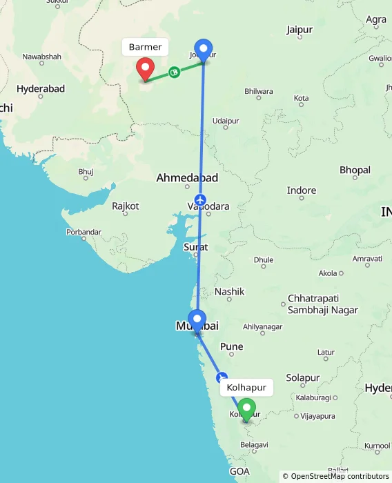 Route map showing distance and travel time from Kolhapur, India to Barmer, India