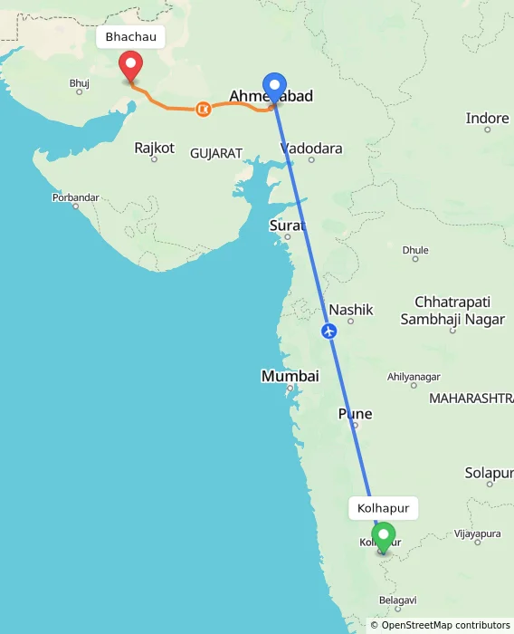Route map showing distance and travel time from Kolhapur, India to Bhachau, India