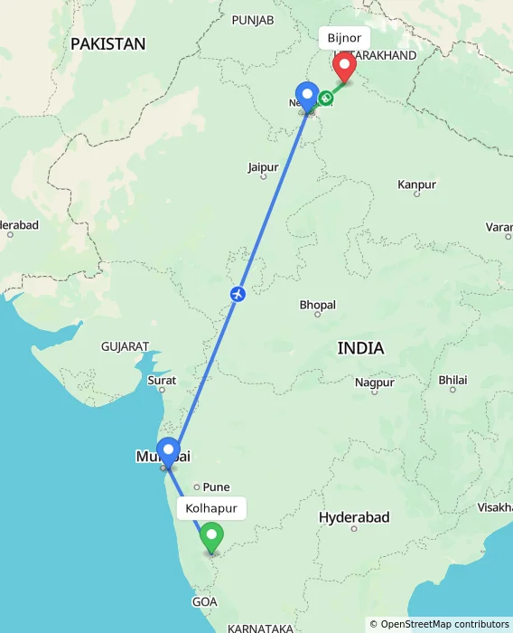 Route map showing distance and travel time from Kolhapur, India to Bijnor, India