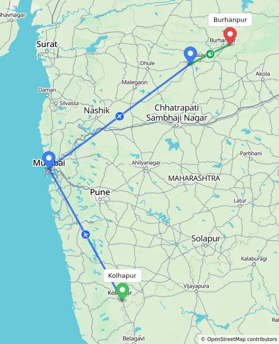 Route map showing distance and travel time from Kolhapur, India to Burhanpur, India