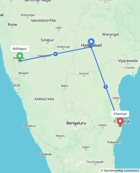 Route map showing distance and travel time from Kolhapur, India to Chennai, India