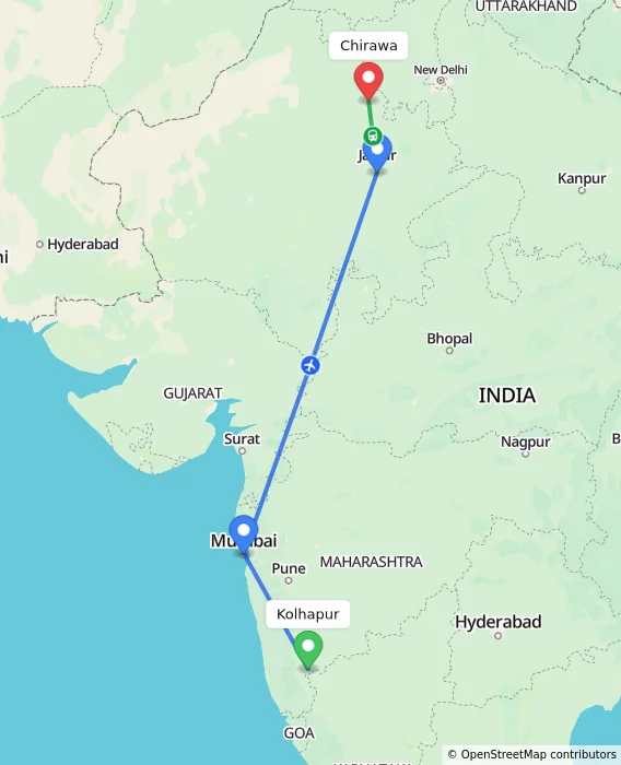 Route map showing distance and travel time from Kolhapur, India to Chirawa, India