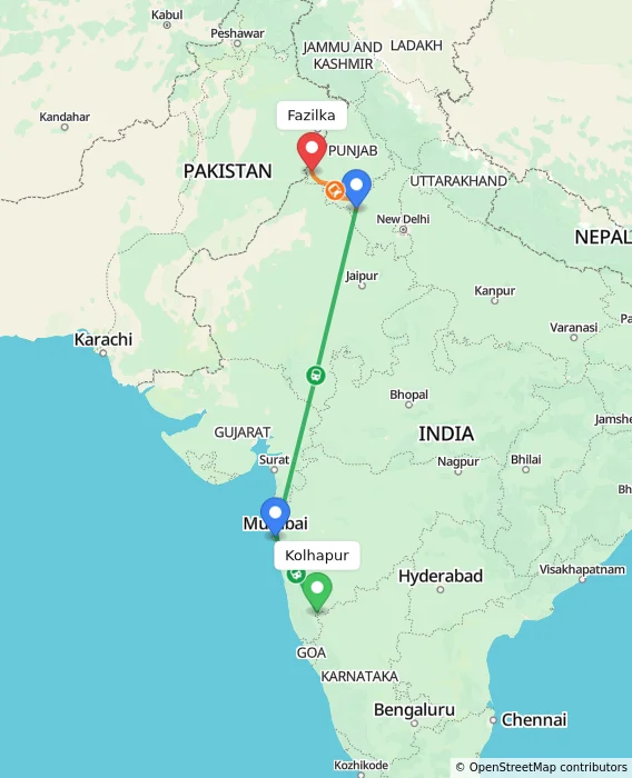 Route map showing distance and travel time from Kolhapur, India to Fazilka, India