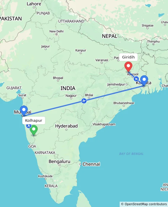 Route map showing distance and travel time from Kolhapur, India to Giridih, India