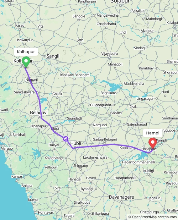 Route map showing distance and travel time from Kolhapur, India to Hampi, India