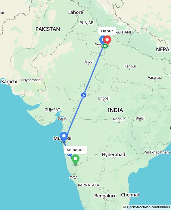 Route map showing distance and travel time from Kolhapur, India to Hapur, India