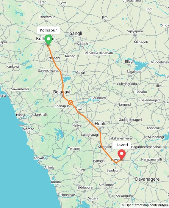 Route map showing distance and travel time from Kolhapur, India to Haveri, India