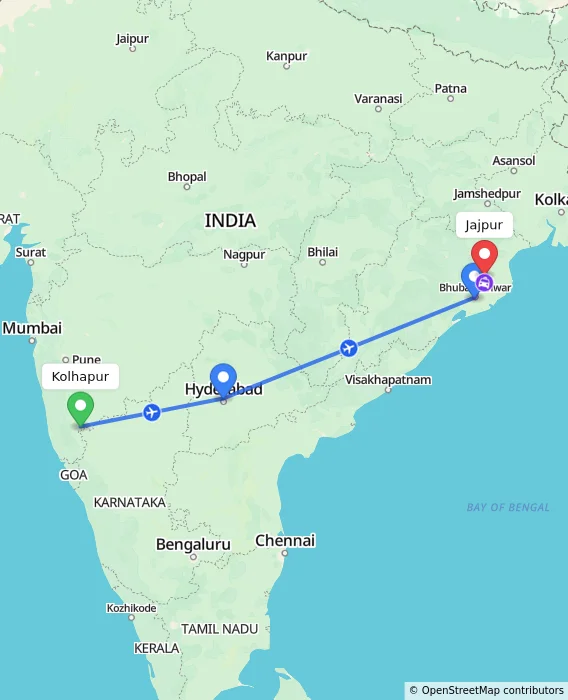 Route map showing distance and travel time from Kolhapur, India to Jajpur, India