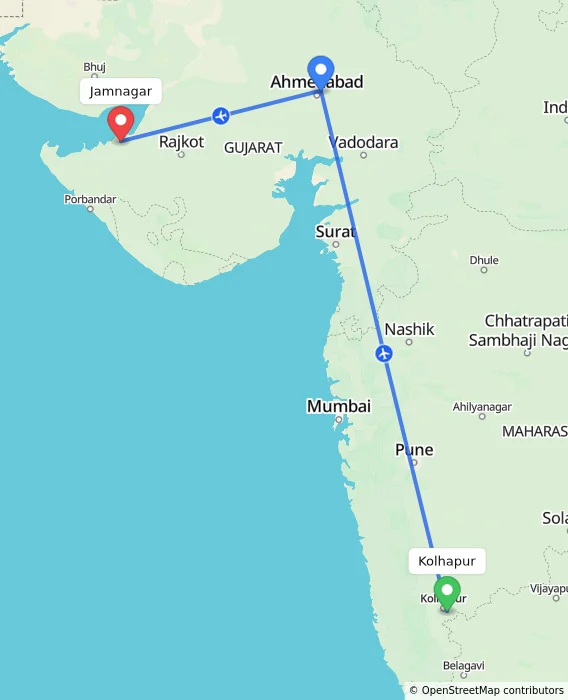 Route map showing distance and travel time from Kolhapur, India to Jamnagar, India