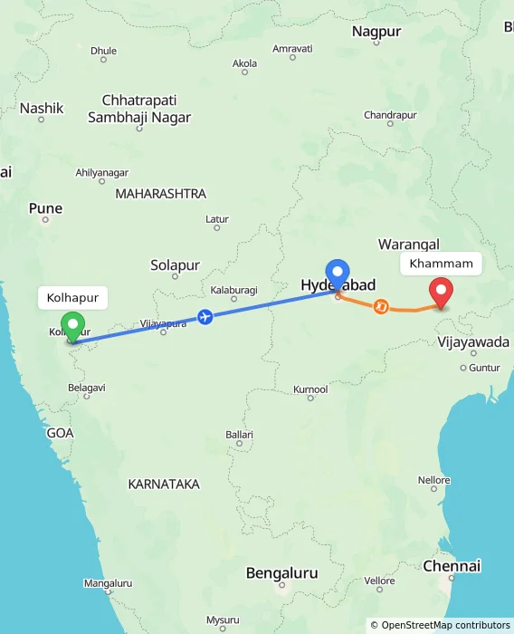 Route map showing distance and travel time from Kolhapur, India to Khammam, India