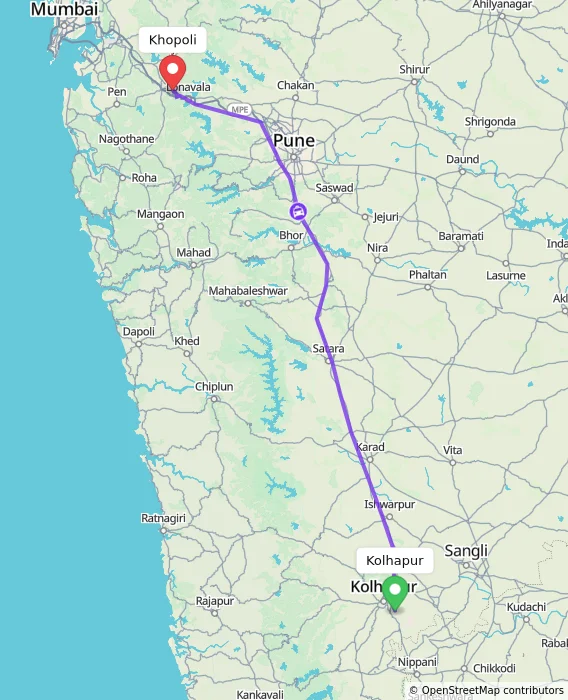 Route map showing distance and travel time from Kolhapur, India to Khopoli, India