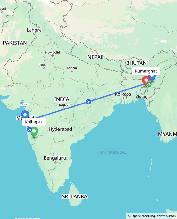 Route map showing distance and travel time from Kolhapur, India to Kumarghat, India