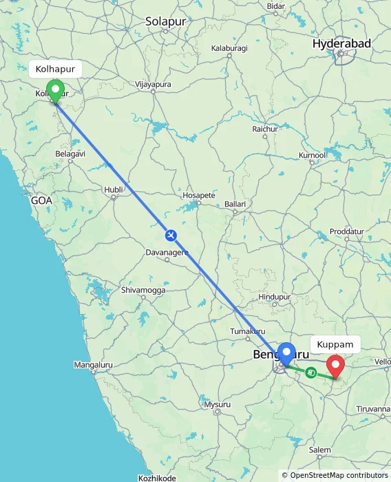 Route map showing distance and travel time from Kolhapur, India to Kuppam, India