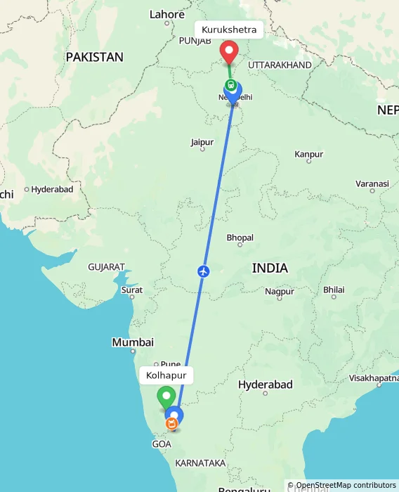 Route map showing distance and travel time from Kolhapur, India to Kurukshetra, India