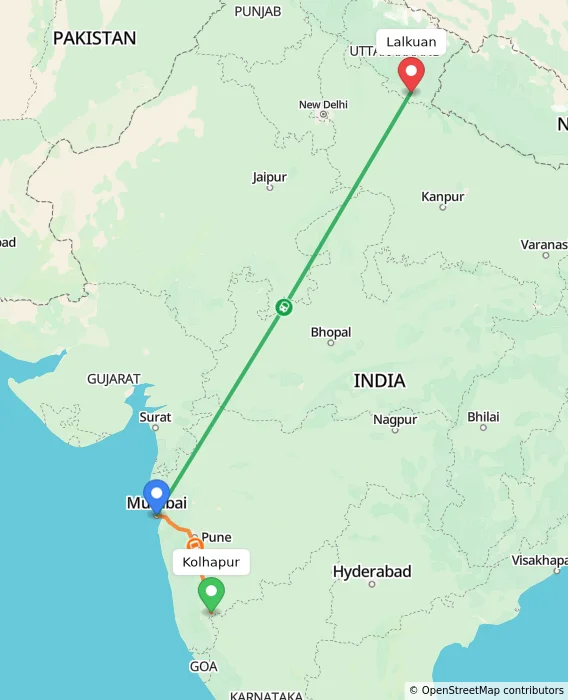Route map showing distance and travel time from Kolhapur, India to Lalkuan, India